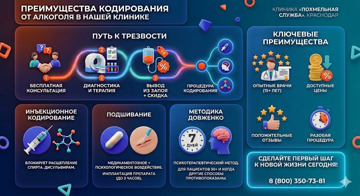 Инфографика о методах кодирования от алкоголя в Лежнево: инъекции, подшивание, метод Довженко. Преимущества клиники и этапы лечения.