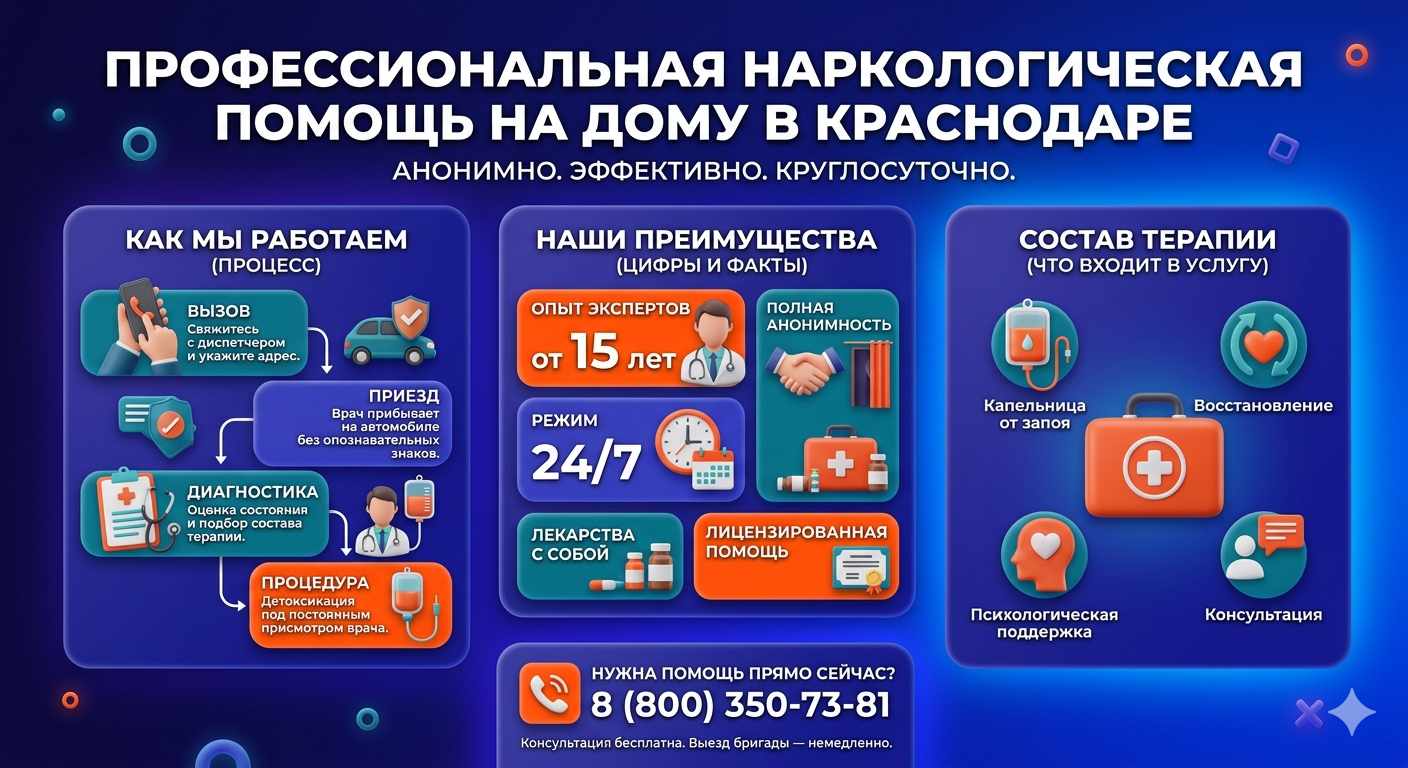 Инфографика о принципах лечения алкоголизма на дому в Лежнево: этапы вызова нарколога, преимущества анонимной детоксикации и состав медицинской помощи.
